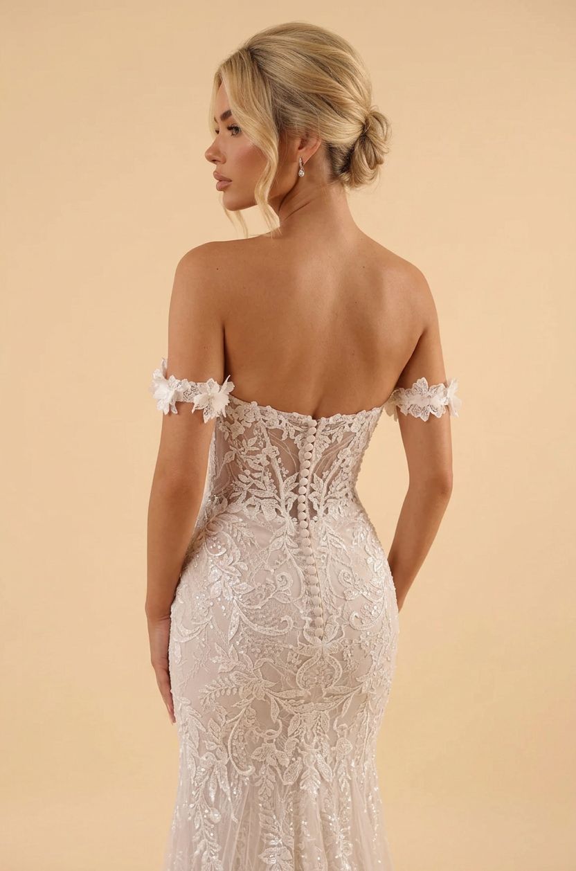 Elegant Off-the-Shoulder White Lace Mermaid Wedding Dress with Corset Bodice and Sweep Train