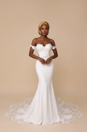 Elegant Off-the-Shoulder White Lace Trumpet Wedding Dresses with Corset and Chapel Train