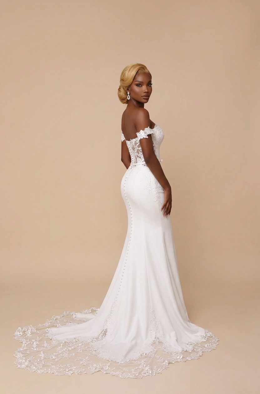 Elegant Off-the-Shoulder White Lace Trumpet Wedding Dresses with Corset and Chapel Train
