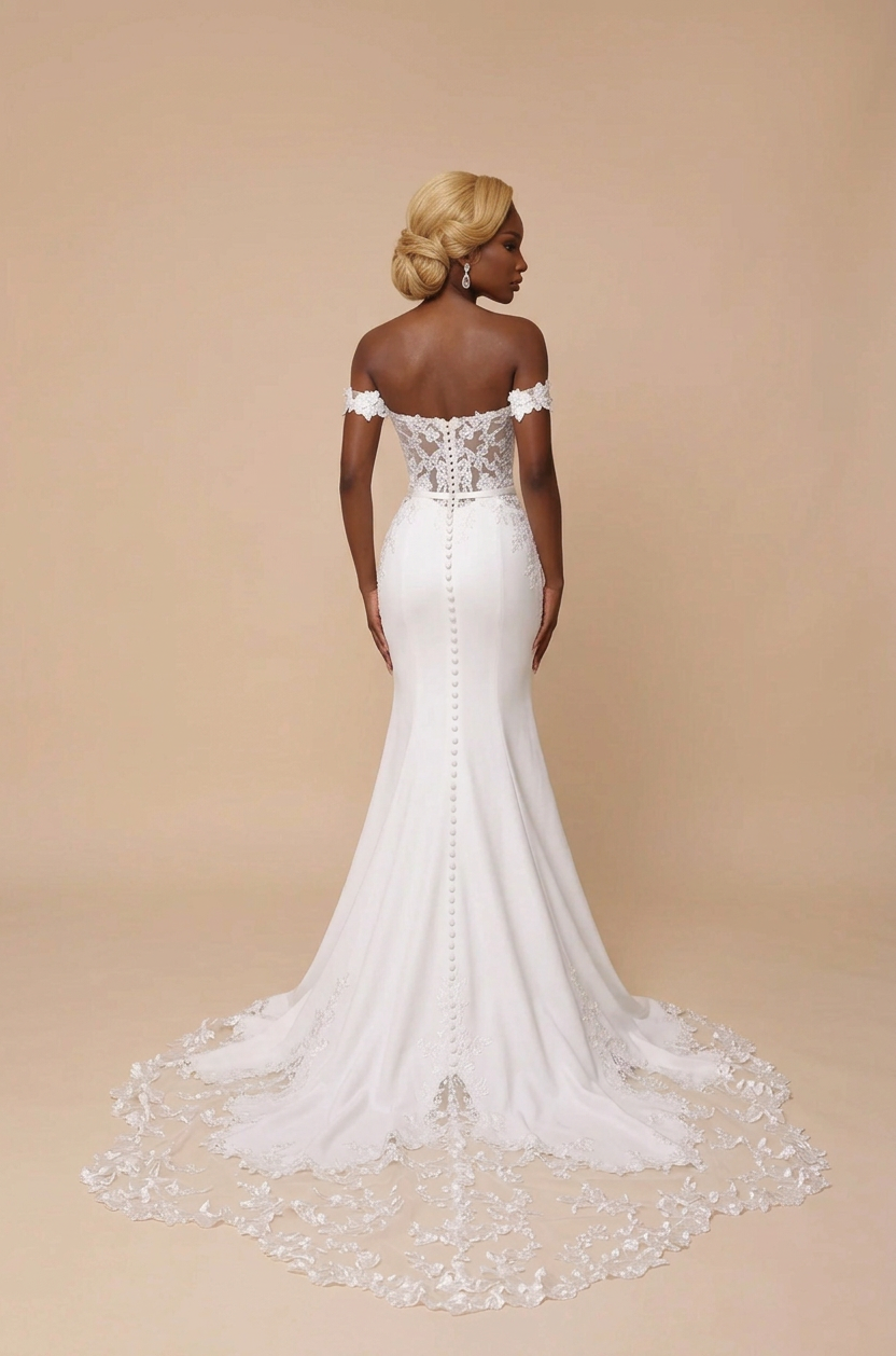 Elegant Off-the-Shoulder White Lace Trumpet Wedding Dresses with Corset and Chapel Train