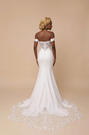 Elegant Off-the-Shoulder White Lace Trumpet Wedding Dresses with Corset and Chapel Train