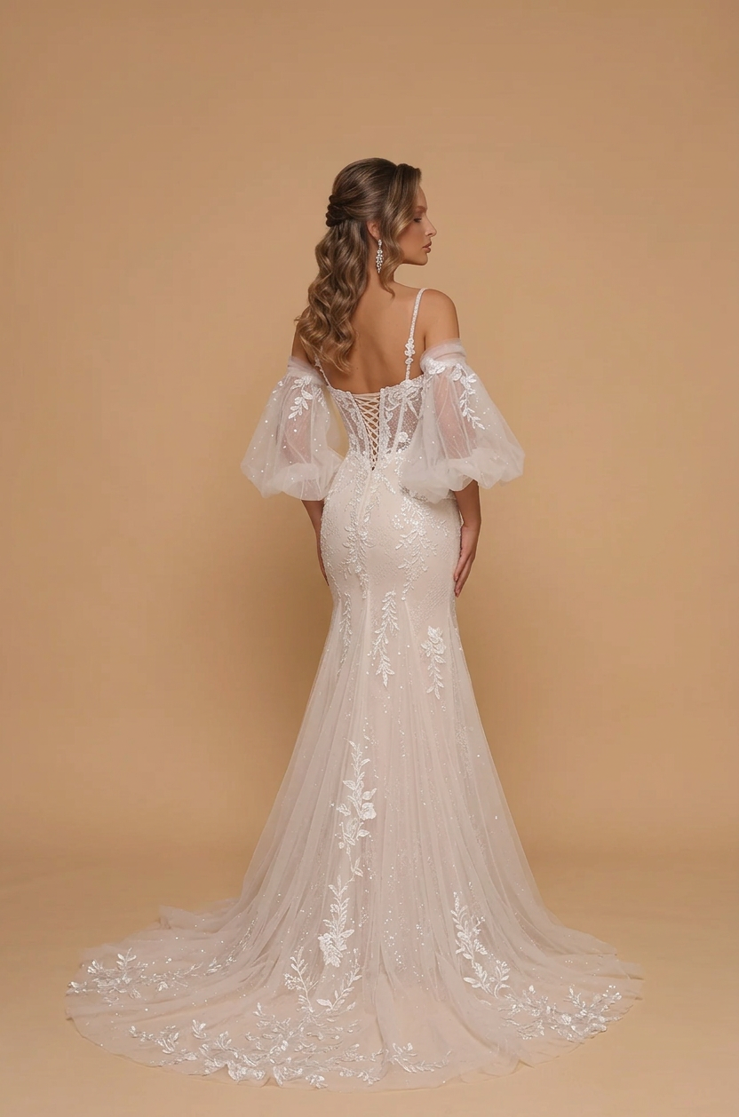 Elegant Off-the-Shoulder White Lace Trumpet Wedding Dresses with Corset and Sweep Train
