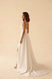Elegant Square Neck White Satin A-Line Wedding Dresses with Straps and Leg Slit