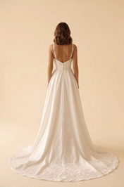 Elegant Square Neck White Satin A-Line Wedding Dresses with Straps and Leg Slit