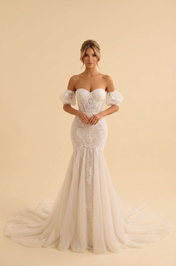 Elegant Off-the-Shoulder White Lace Mermaid Wedding Dress with Corset and Puff Sleeves