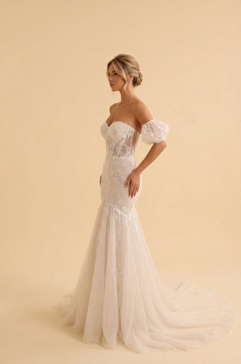 Elegant Off-the-Shoulder White Lace Mermaid Wedding Dress with Corset and Puff Sleeves