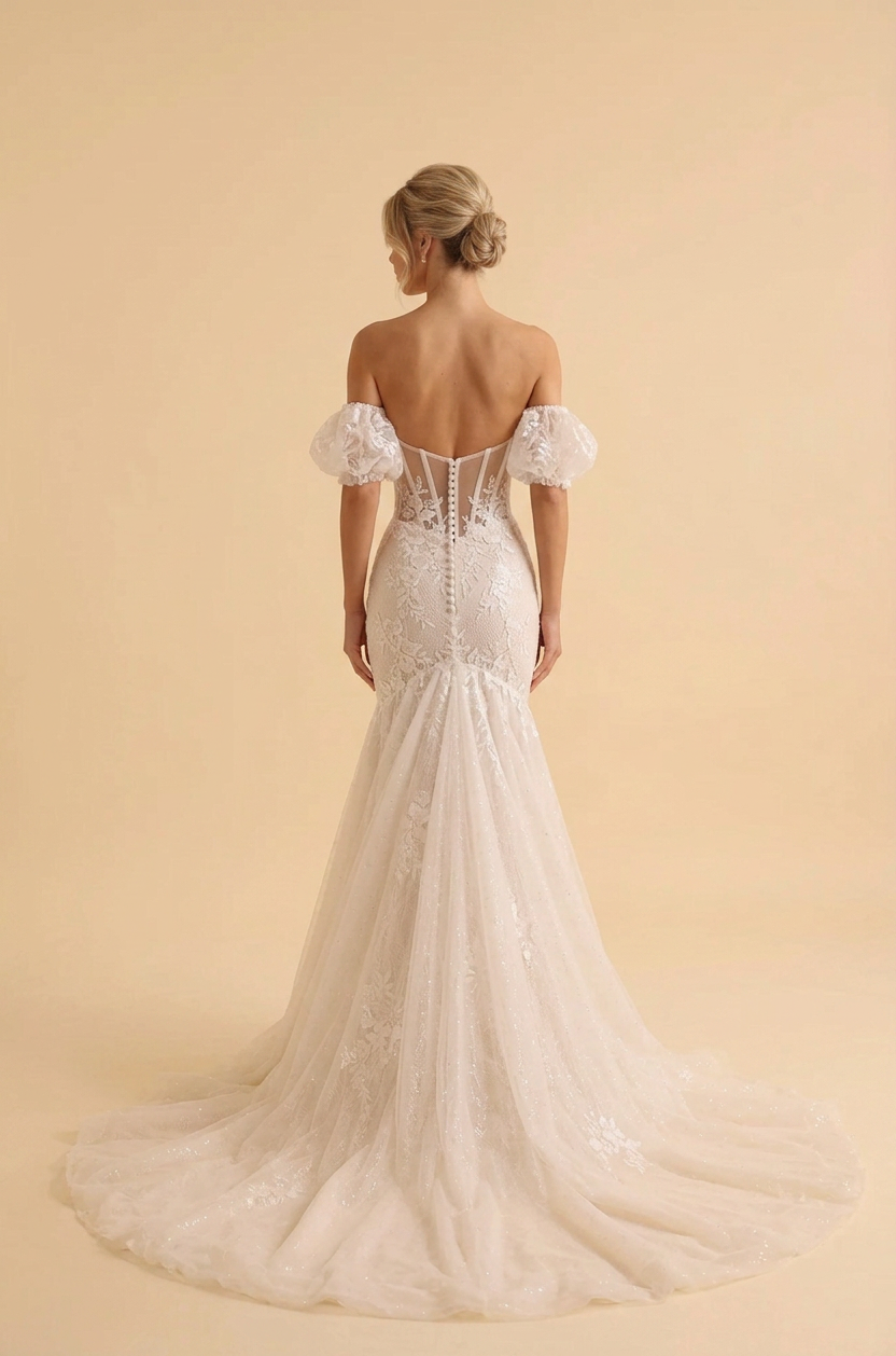 Elegant Off-the-Shoulder White Lace Mermaid Wedding Dress with Corset and Puff Sleeves