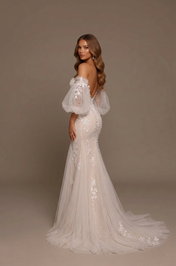 Elegant Off-the-Shoulder White Lace Mermaid Wedding Dress with Corset and Puff Sleeves