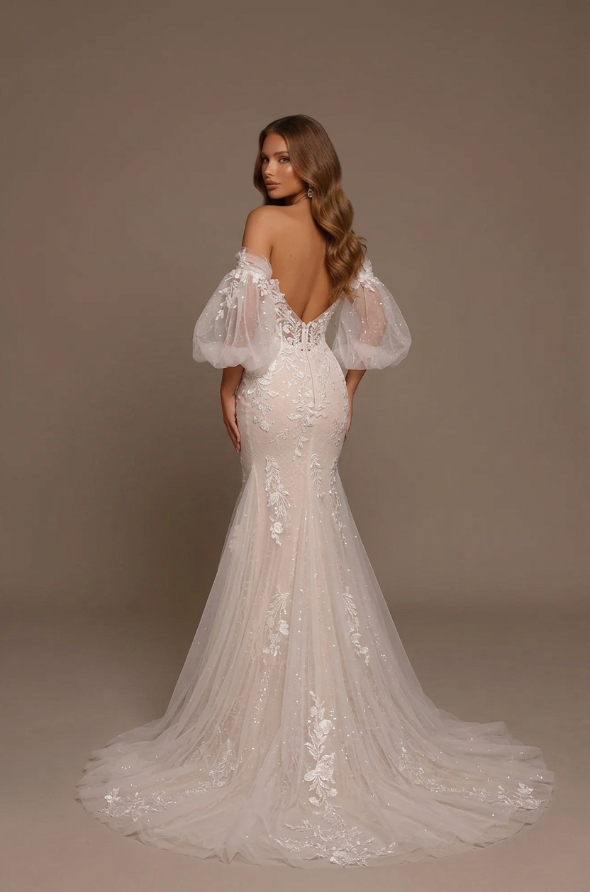 Elegant Off-the-Shoulder White Lace Mermaid Wedding Dress with Corset and Puff Sleeves