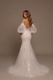 Elegant Off-the-Shoulder White Lace Mermaid Wedding Dress with Corset and Puff Sleeves