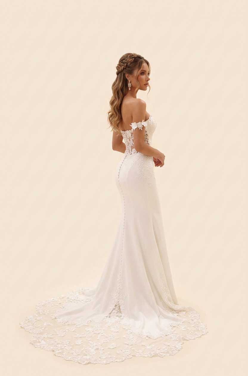 Elegant Off-the-Shoulder White Satin Mermaid Wedding Dress with Corset and Lace Train