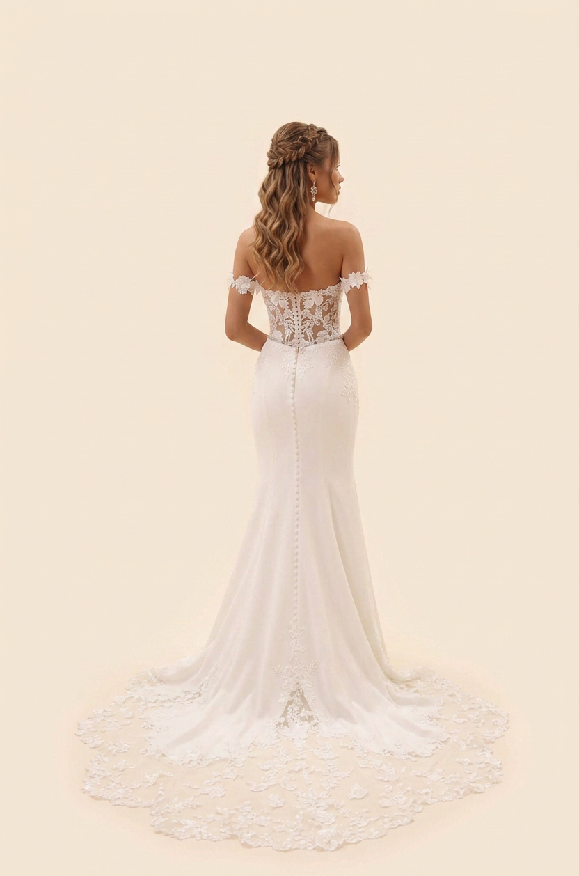 Elegant Off-the-Shoulder White Satin Mermaid Wedding Dress with Corset and Lace Train