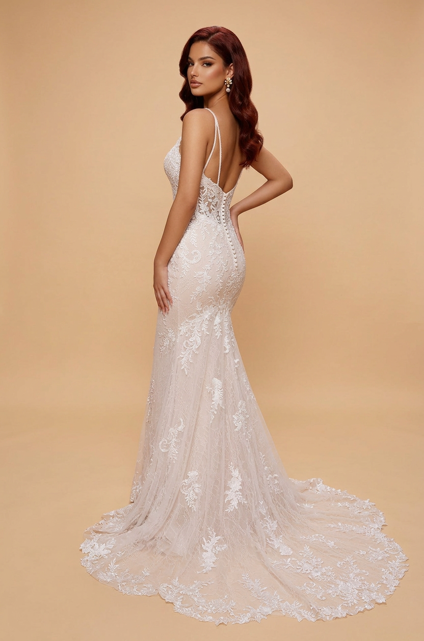 Elegant Double Strap White Lace Mermaid Wedding Dresses with V-Neck and Corset