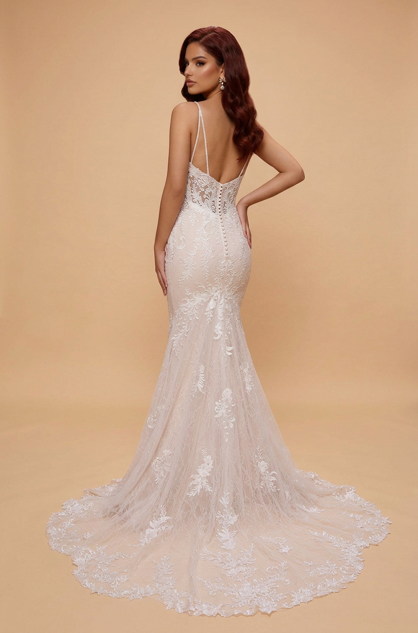 Elegant Double Strap White Lace Mermaid Wedding Dresses with V-Neck and Corset