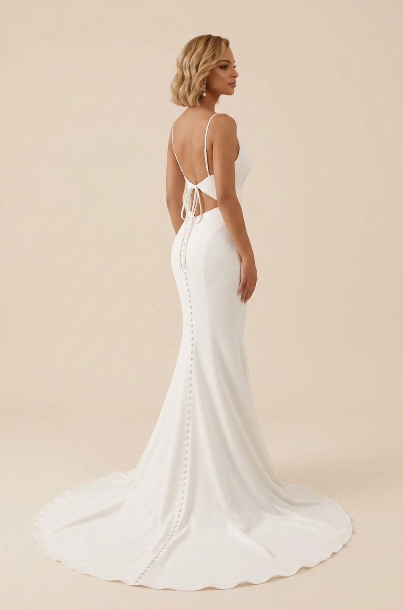 Elegant Spaghetti Strap White Crepe Mermaid Wedding Dress with Open Back and Sweep Train