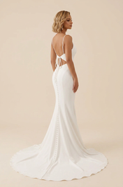 Elegant Spaghetti Strap White Crepe Mermaid Wedding Dress with Open Back and Sweep Train