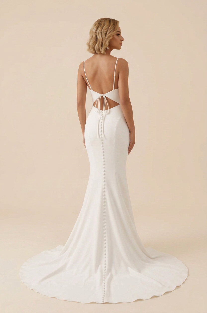 Elegant Spaghetti Strap White Crepe Mermaid Wedding Dress with Open Back and Sweep Train