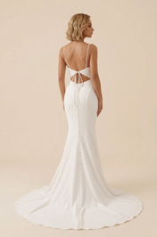 Elegant Spaghetti Strap White Crepe Mermaid Wedding Dress with Open Back and Sweep Train