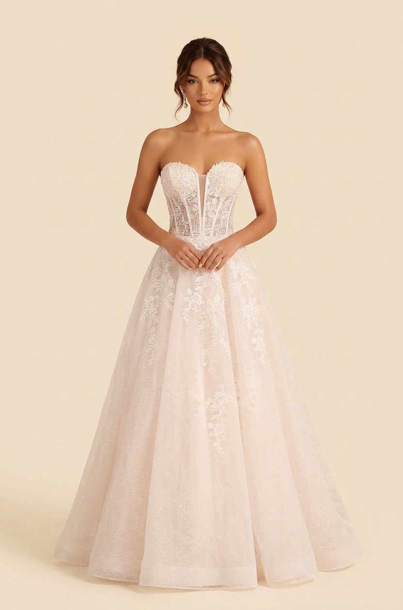 Elegant Strapless White Lace A-Line Wedding Dress with Corset and Sweep Train