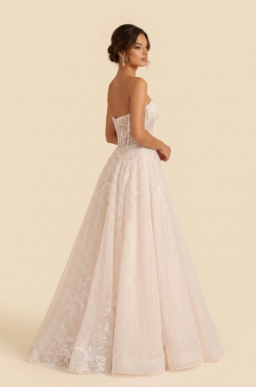 Elegant Strapless White Lace A-Line Wedding Dress with Corset and Sweep Train