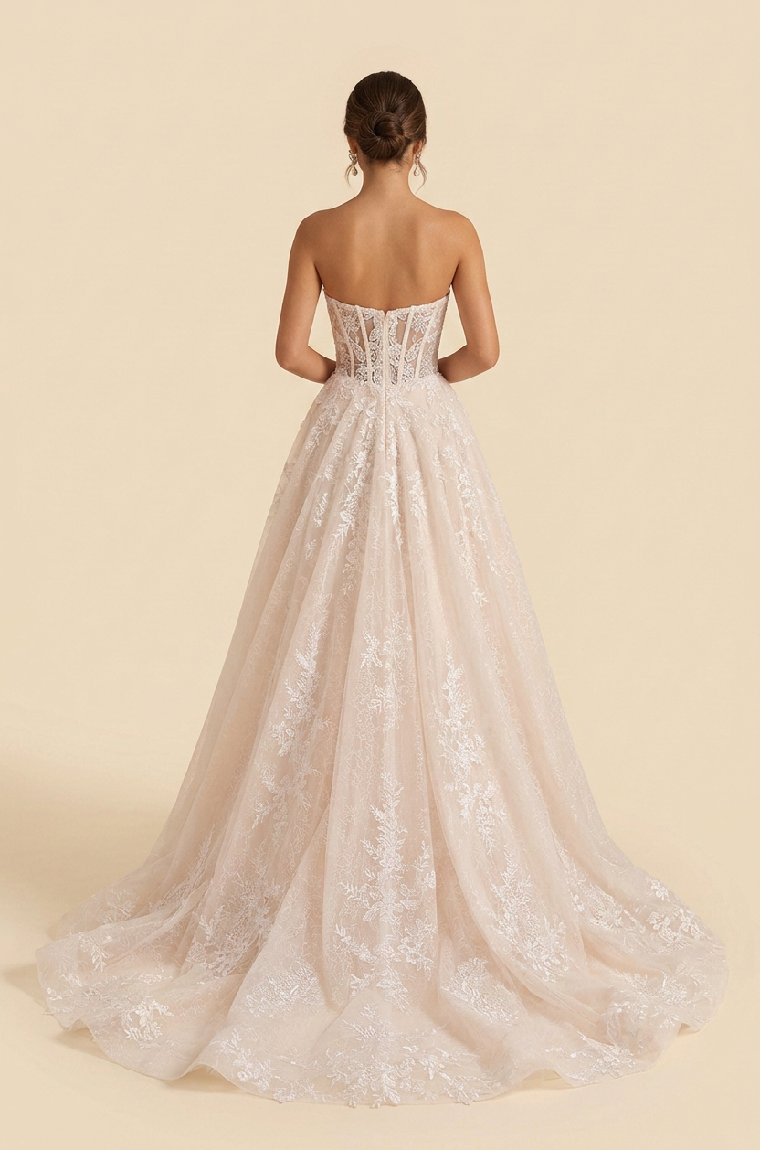 Elegant Strapless White Lace A-Line Wedding Dress with Corset and Sweep Train