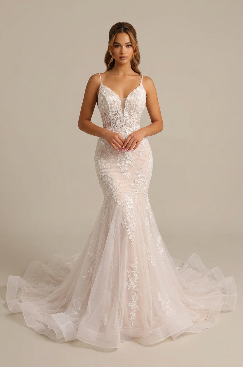 Elegant Double Strap White Lace Mermaid Wedding Dresses with V-Neck and Sweep Train