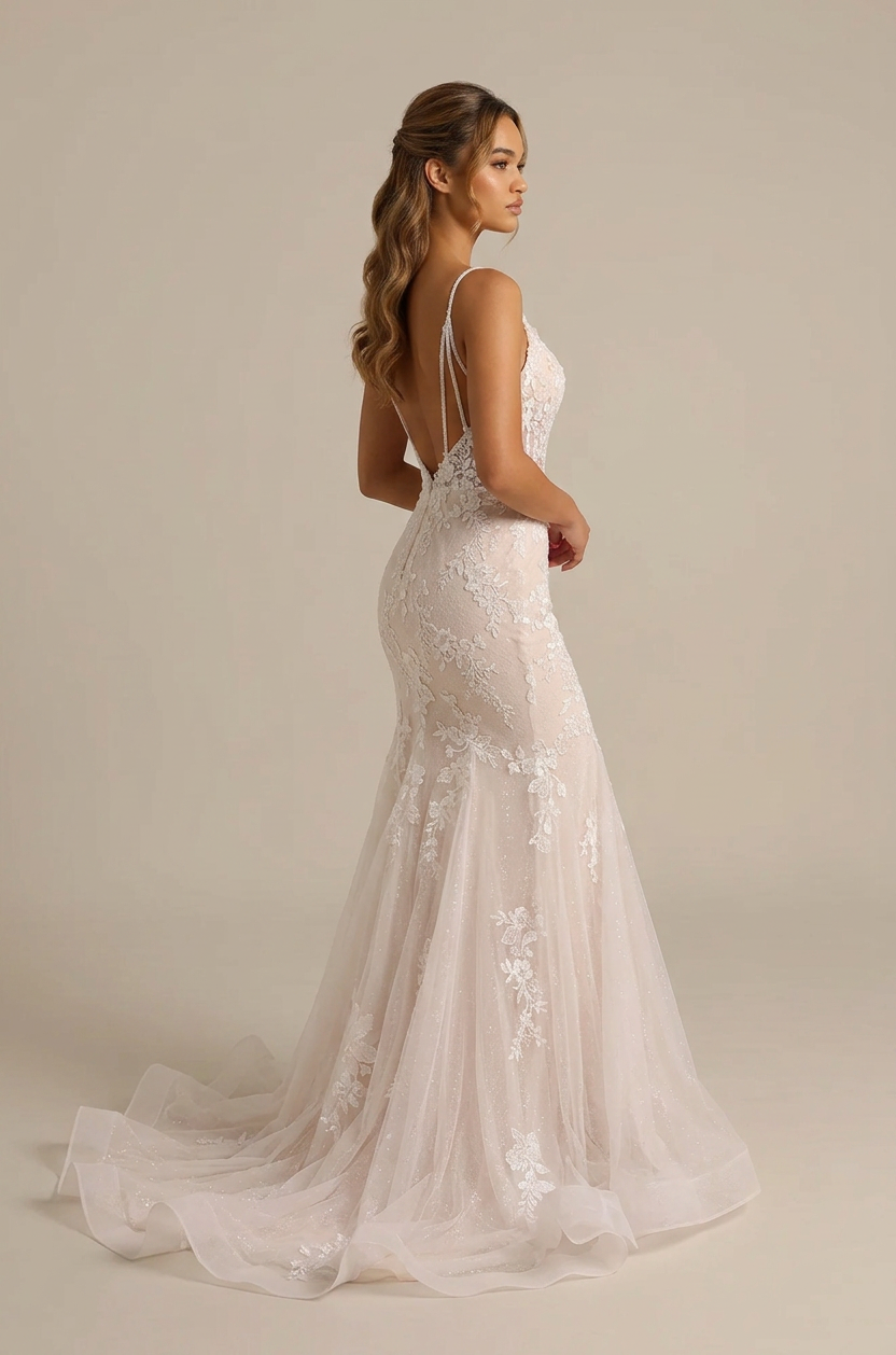 Elegant Double Strap White Lace Mermaid Wedding Dresses with V-Neck and Sweep Train