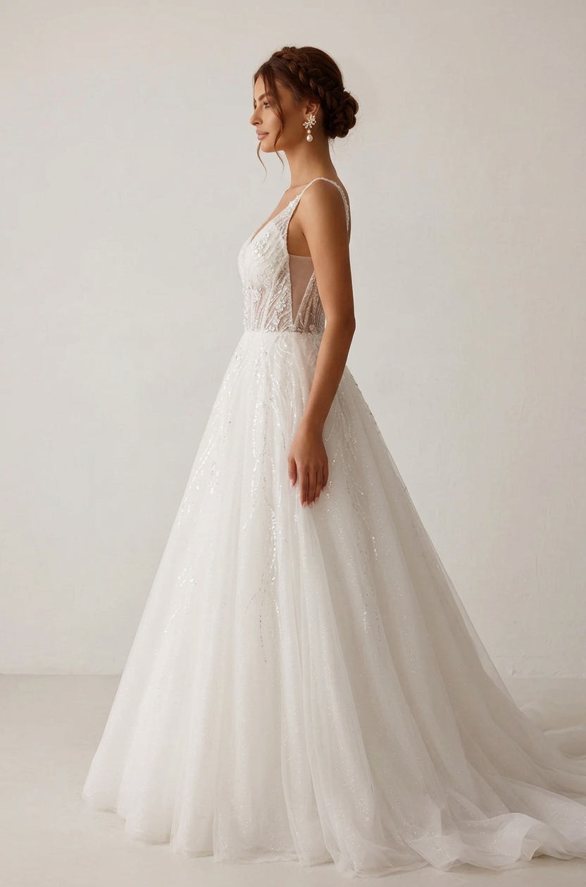 Elegant V-Neck White Sparkling Tulle A-Line Wedding Dresses with Corset and Sweep Train