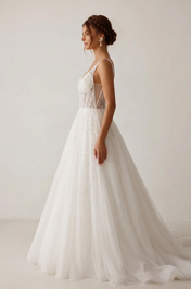 Elegant V-Neck White Sparkling Tulle A-Line Wedding Dresses with Corset and Sweep Train