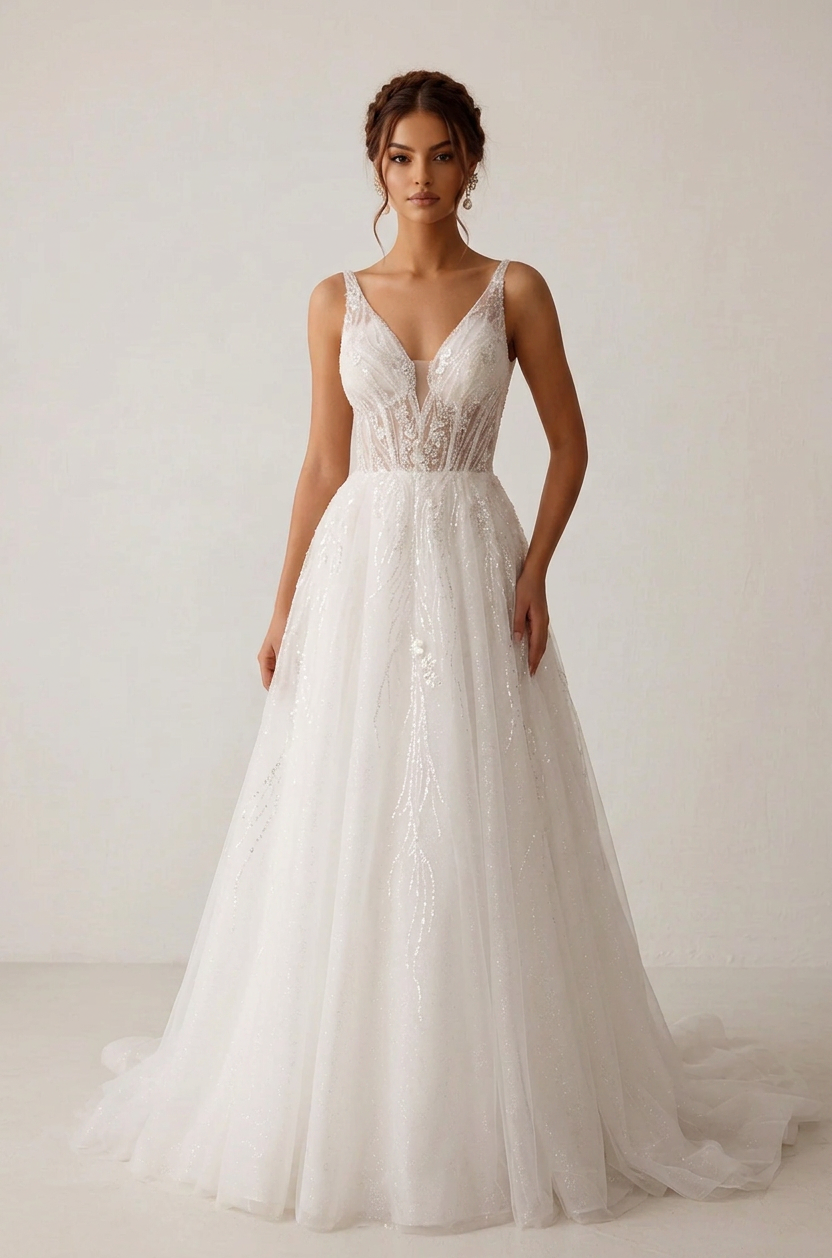 Elegant V-Neck White Sparkling Tulle A-Line Wedding Dresses with Corset and Sweep Train