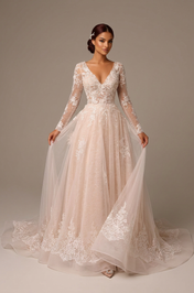 Elegant Long Sleeve White Lace A-Line Wedding Dresses with V-Neck and Sweep Train