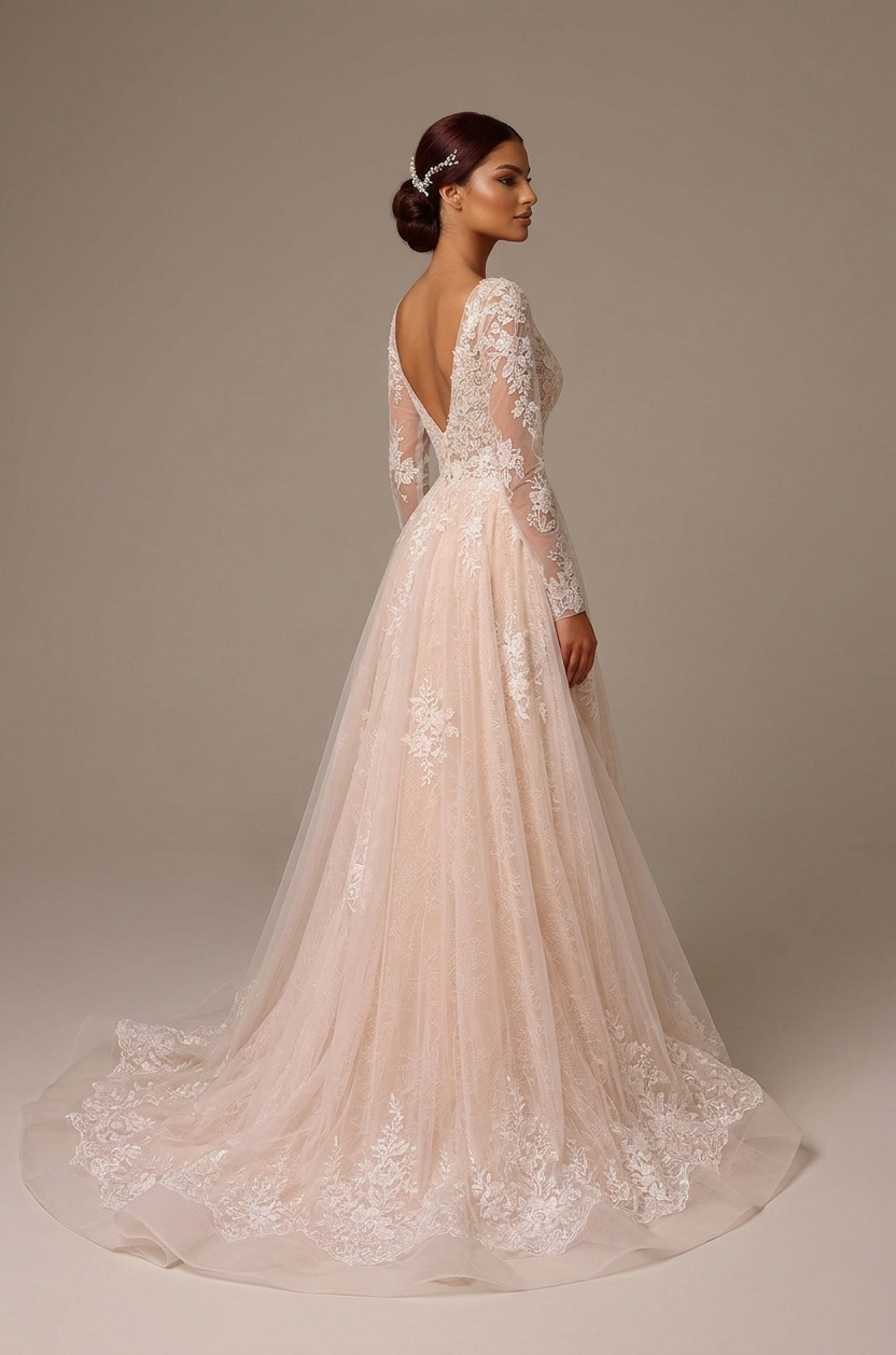 Elegant Long Sleeve White Lace A-Line Wedding Dresses with V-Neck and Sweep Train