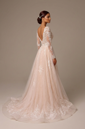 Elegant Long Sleeve White Lace A-Line Wedding Dresses with V-Neck and Sweep Train