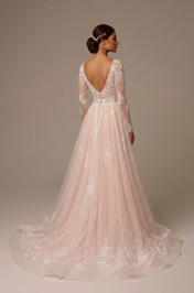 Elegant Long Sleeve White Lace A-Line Wedding Dresses with V-Neck and Sweep Train