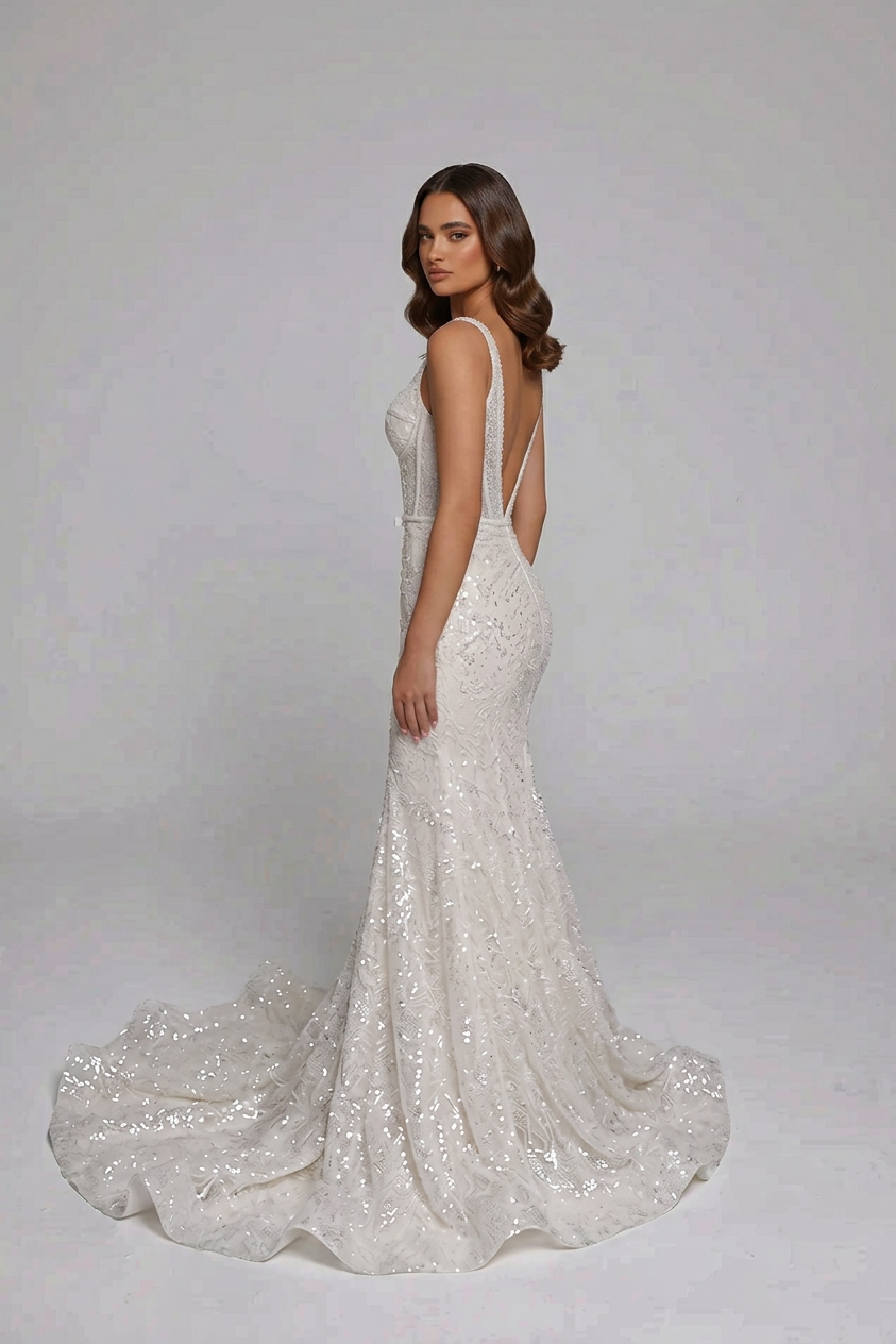 Elegant Scoop Neck White Sequin Mermaid Wedding Dresses with Corset and Chapel Train