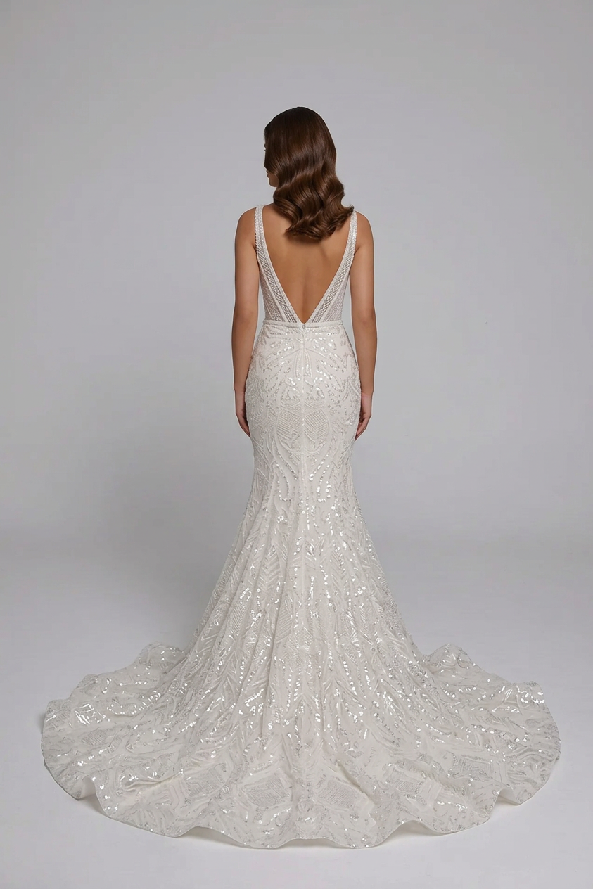 Elegant Scoop Neck White Sequin Mermaid Wedding Dresses with Corset and Chapel Train