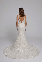 Elegant Scoop Neck White Sequin Mermaid Wedding Dresses with Corset and Chapel Train