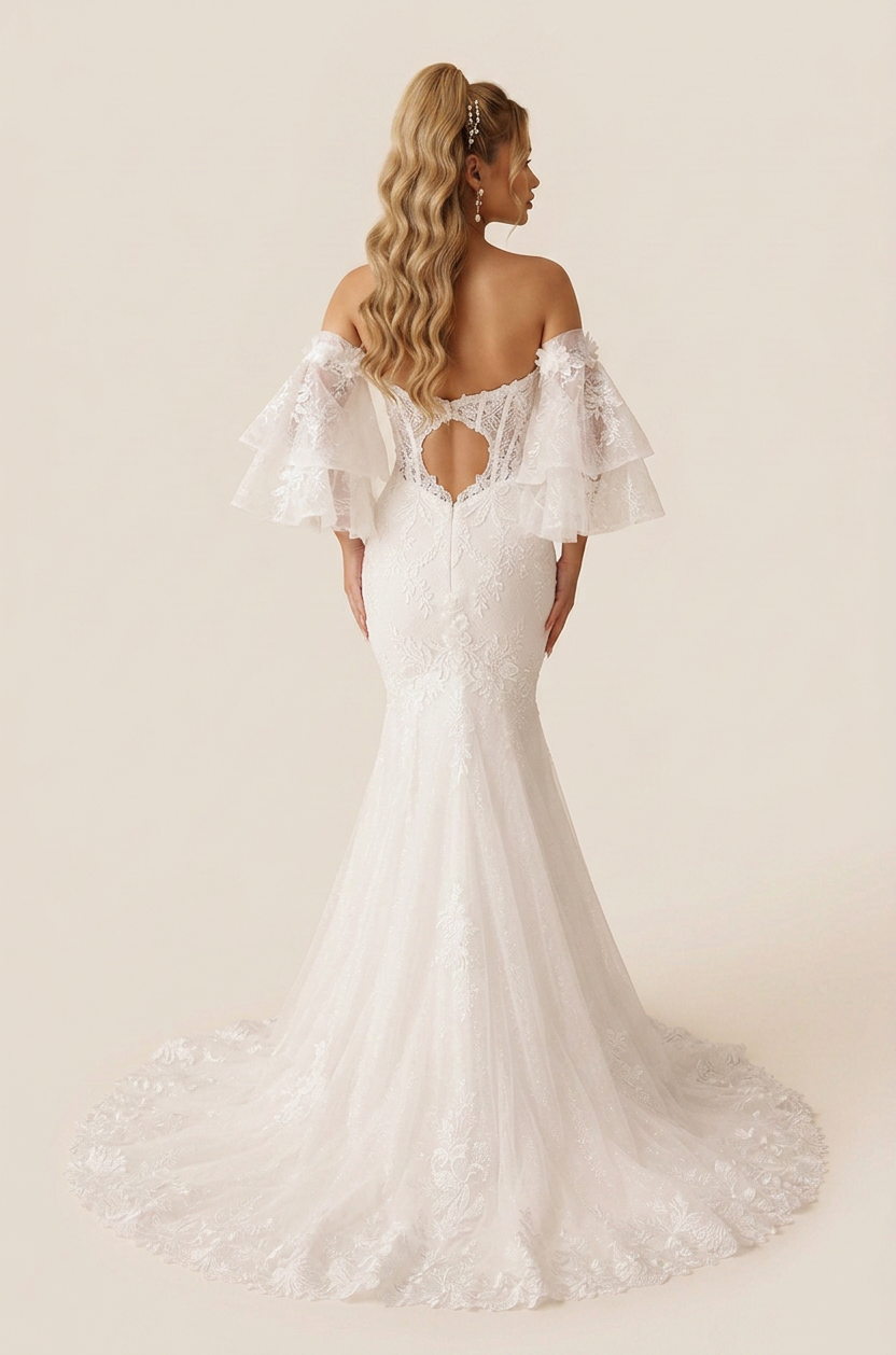 Elegant Off-the-Shoulder White Lace Mermaid Wedding Dresses with Corset and Sweep Train