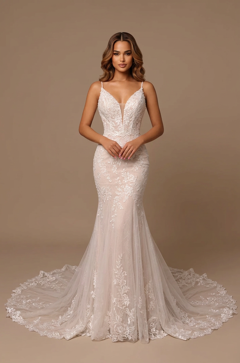 Elegant V-Neck White Lace Mermaid Wedding Dresses with Spaghetti Straps and Chapel Train