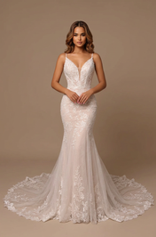 Elegant V-Neck White Lace Mermaid Wedding Dresses with Spaghetti Straps and Chapel Train