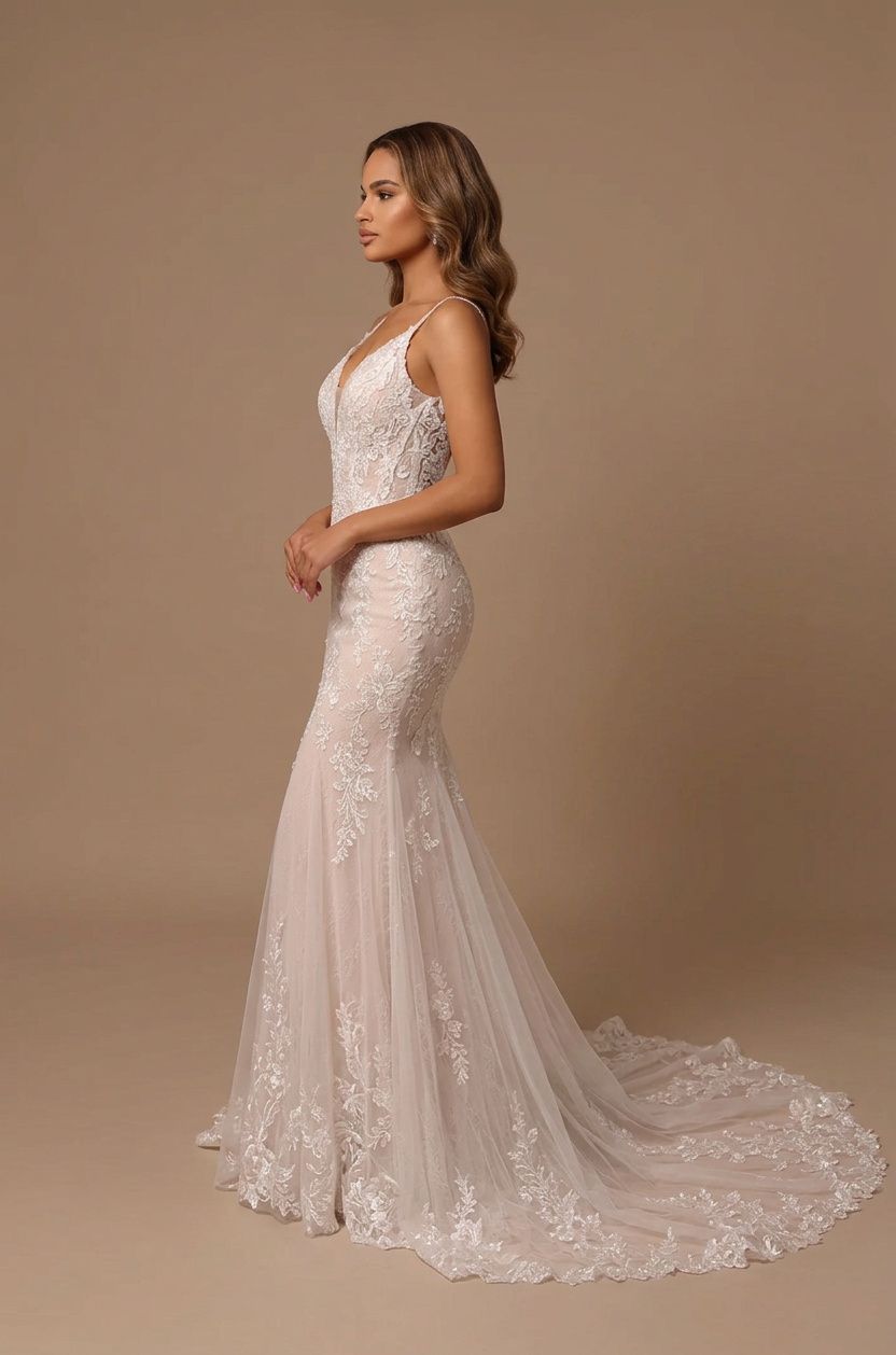 Elegant V-Neck White Lace Mermaid Wedding Dresses with Spaghetti Straps and Chapel Train