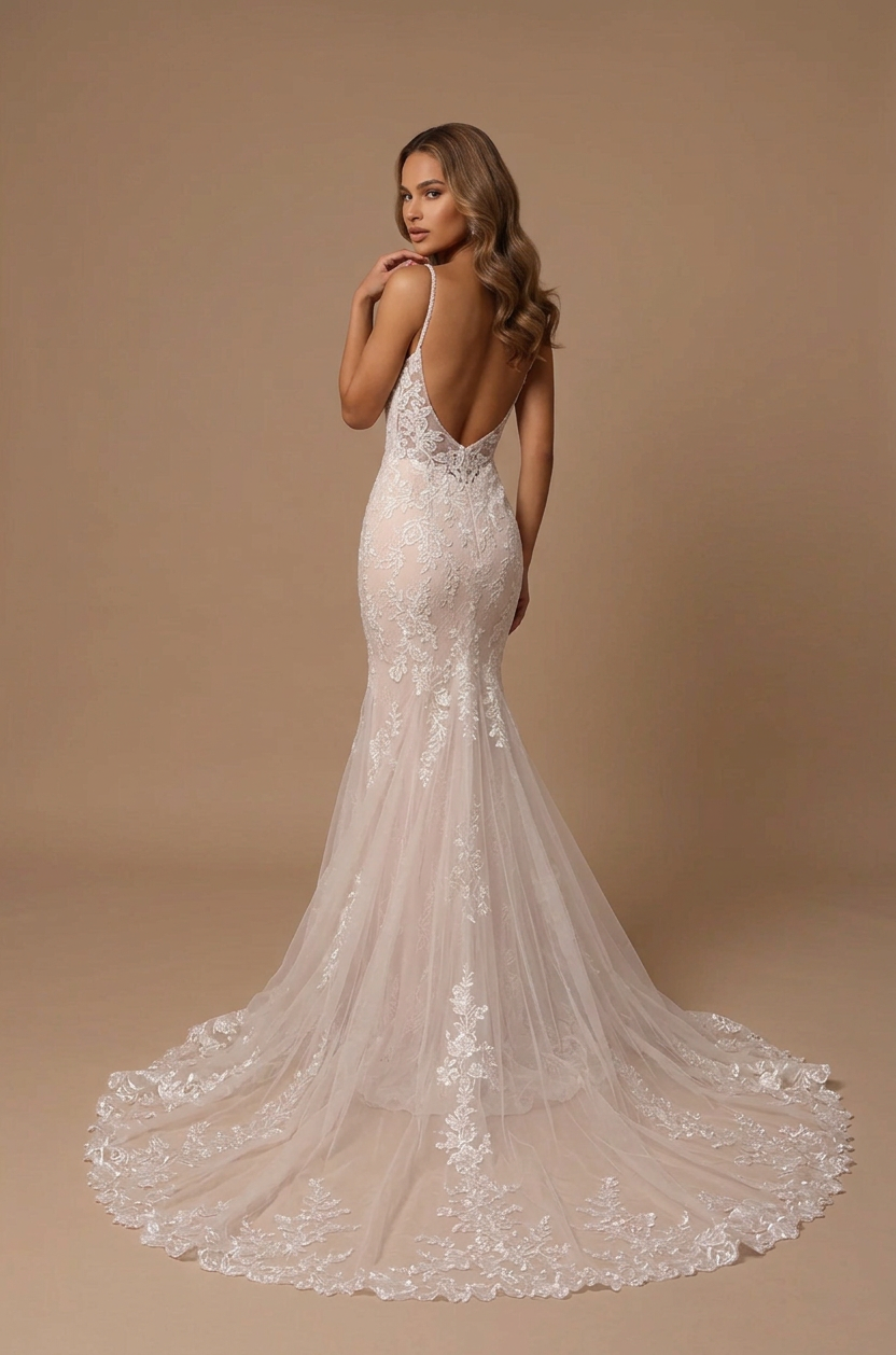 Elegant V-Neck White Lace Mermaid Wedding Dresses with Spaghetti Straps and Chapel Train