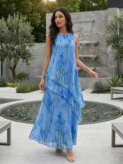 Light Blue Floral Chiffon Round Neck Sleeveless A-Line Floor-length Gown Dress
