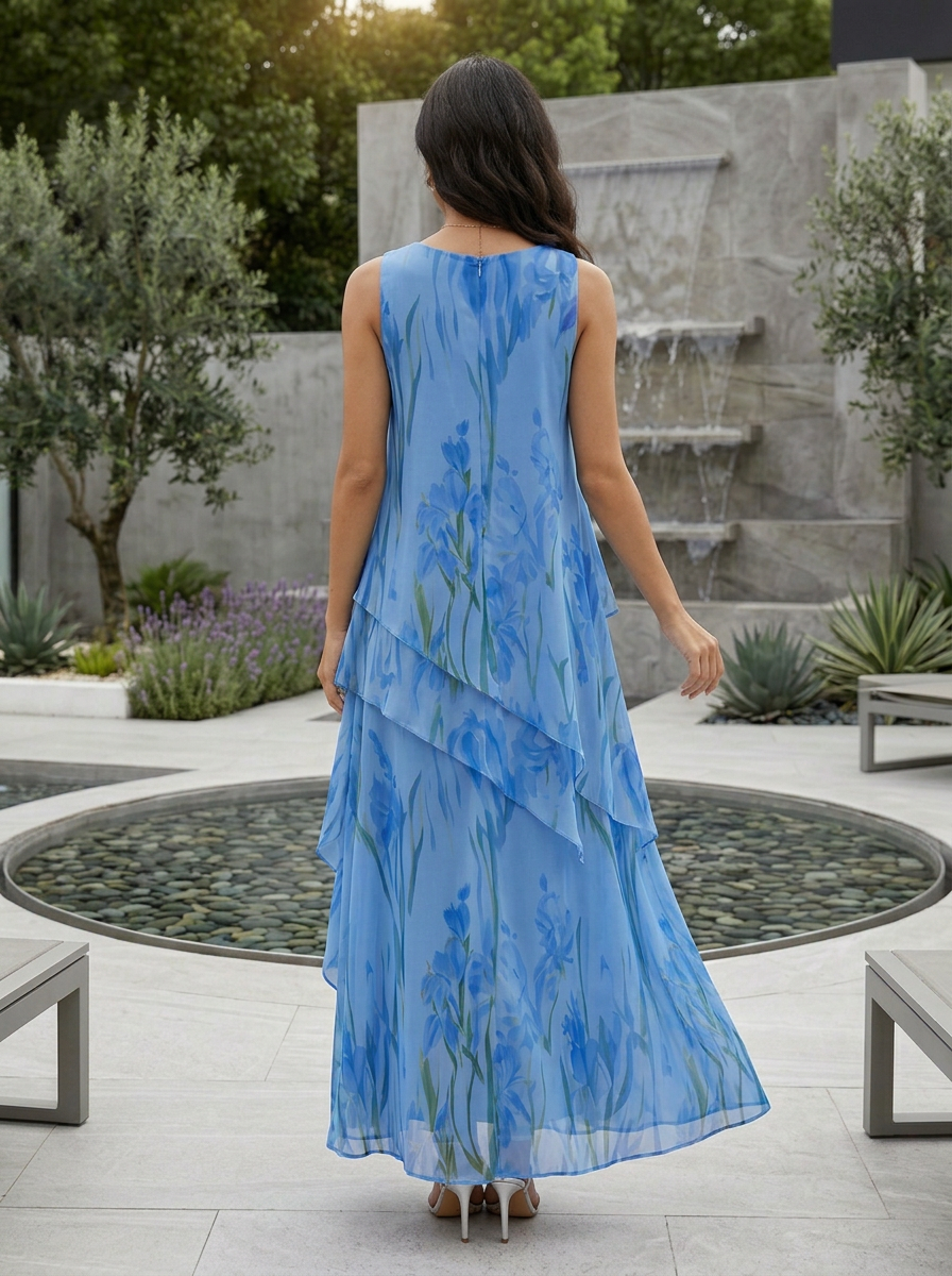 Light Blue Floral Chiffon Round Neck Sleeveless A-Line Floor-length Gown Dress