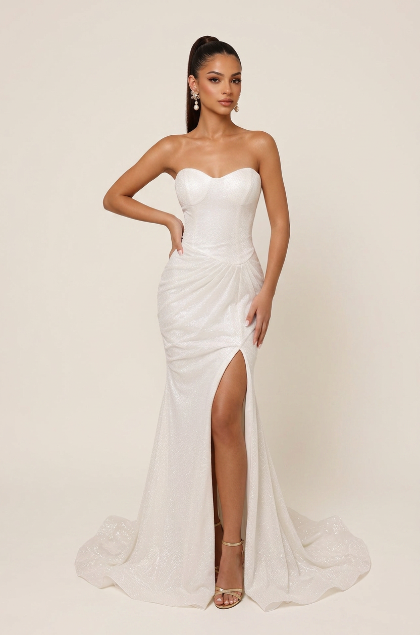 Elegant Strapless White Glitter Mermaid Wedding Dresses with Draping and Leg Slit