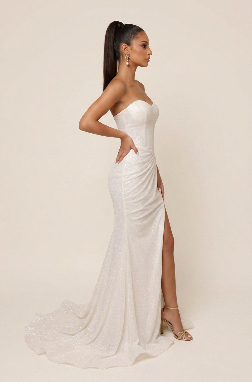 Elegant Strapless White Glitter Mermaid Wedding Dresses with Draping and Leg Slit