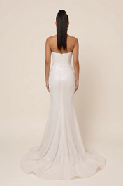 Elegant Strapless White Glitter Mermaid Wedding Dresses with Draping and Leg Slit