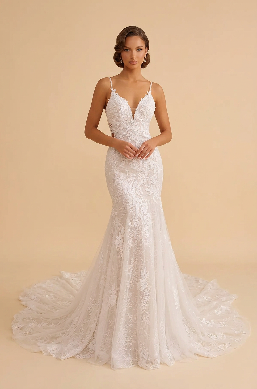 Elegant V-Neck White Lace Mermaid Wedding Dresses with Spaghetti Straps and Chapel Train