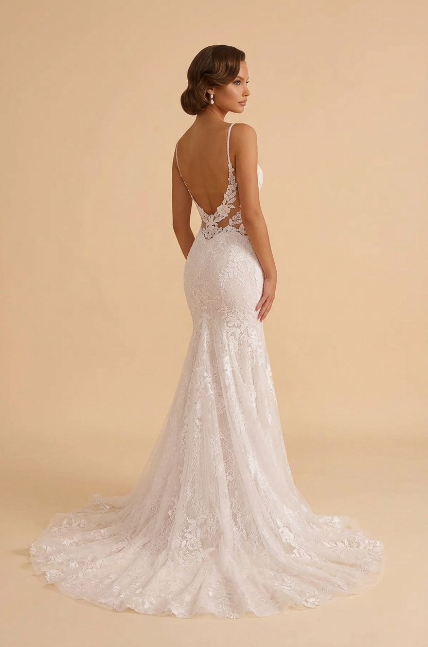 Elegant V-Neck White Lace Mermaid Wedding Dresses with Spaghetti Straps and Chapel Train