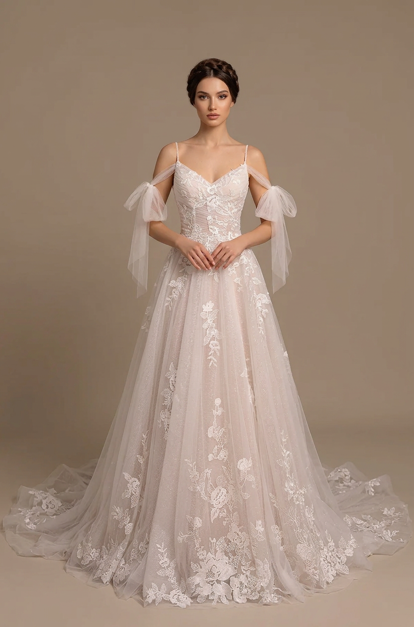Elegant Off-the-Shoulder White Lace A-Line Wedding Dresses with Corset and Bow Sleeves